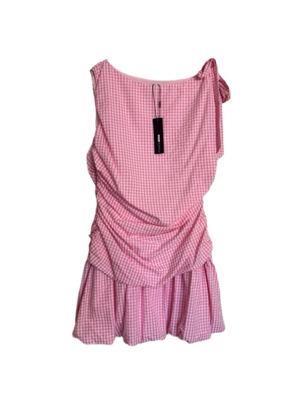 Fashion Nova GRETA GINGHAM BUBBLE MINI DRESS Pink White Women’s Size 1X NWT